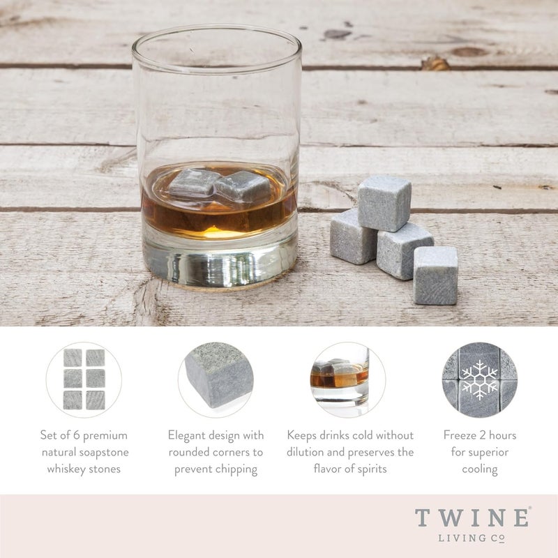 Twine حجارة التبريد، حجارة بوربون جليدية، مكعبات ثلج قابلة لإعادة الاستخدام، مجموعة حجارة الويسكي، أدوات بار، ملحقات بار، أدوات بار، مجموعة من 6، رمادي - Image 2